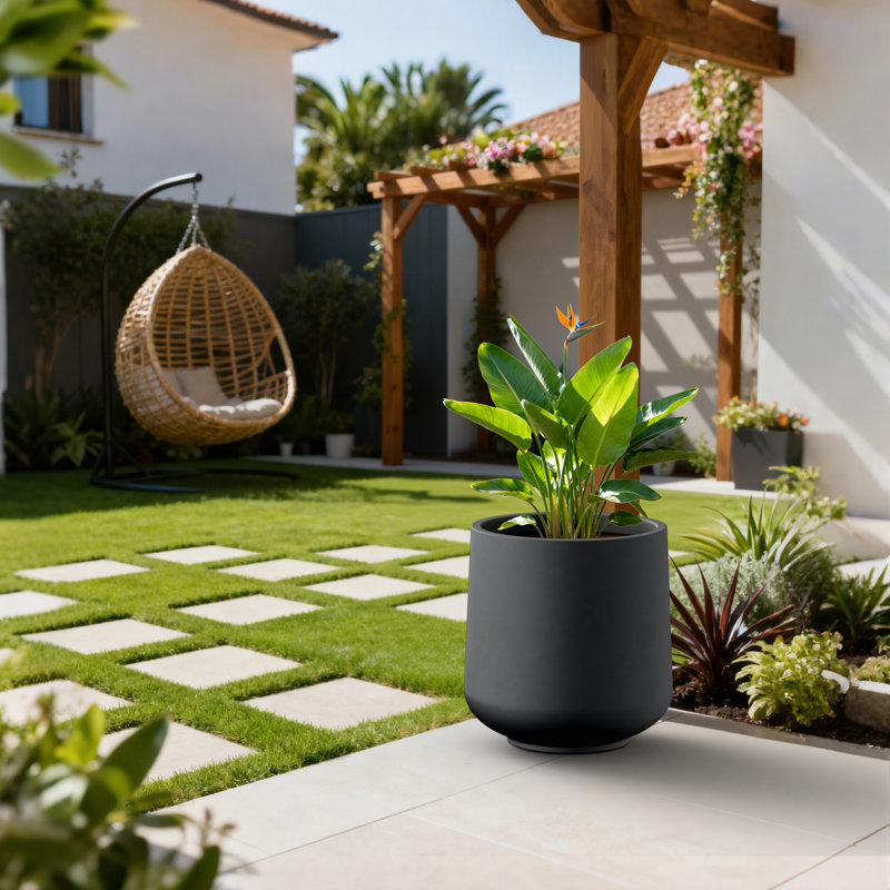 Grand pot à fleurs rond en béton noir mat 17 po (avec intérieur amélioré) avec trous de drainage pour l'intérieur et l'extérieur