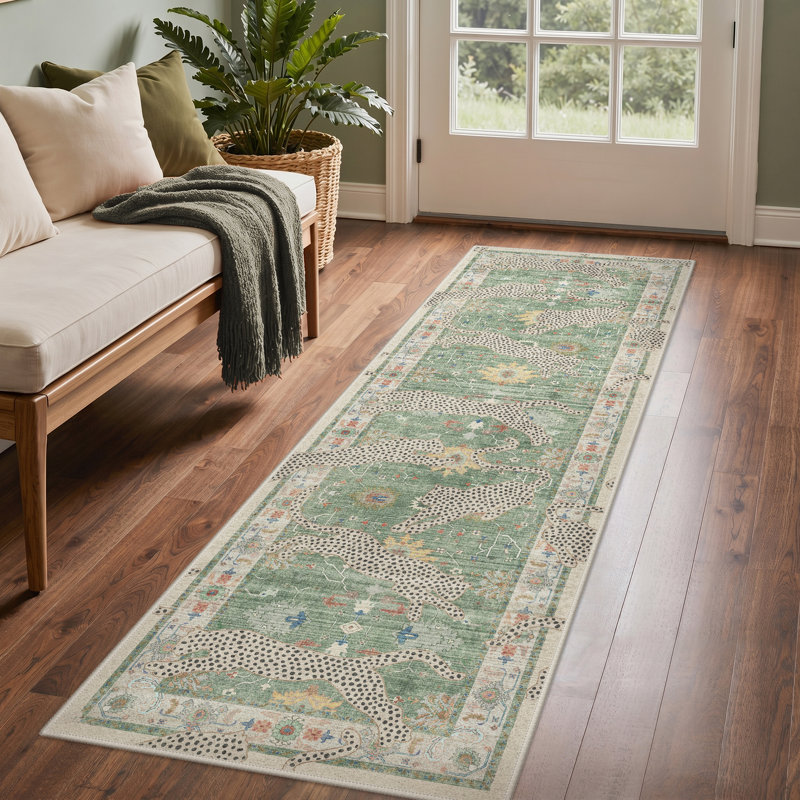 Allandale Leopard Print Green / Beige Machine Washable Non-Slip Area Rug, Runner 2'6" x 8', Green