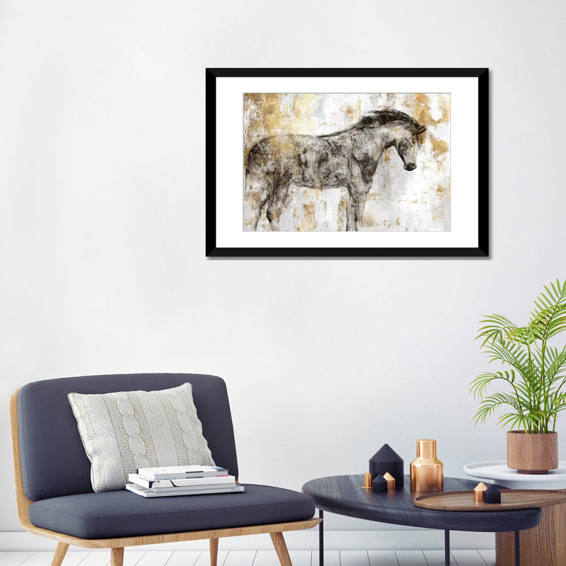 «Équitation dorée I», reproduction sur toile, H 16 po x l 24 po x P 1 po, Papier d'art encadré noir, Blanc