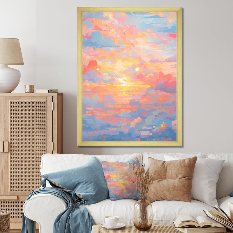 «Blue Peach Interlocking Perspectives» sur toile, H 32 po x l 16 po x P 1 po, Encadrement doré