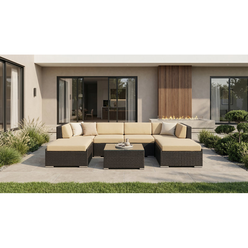 Billyjo Wicker 4 - Person Seating Group with Cushions - No Assembly, Supercrylic Beige, Black