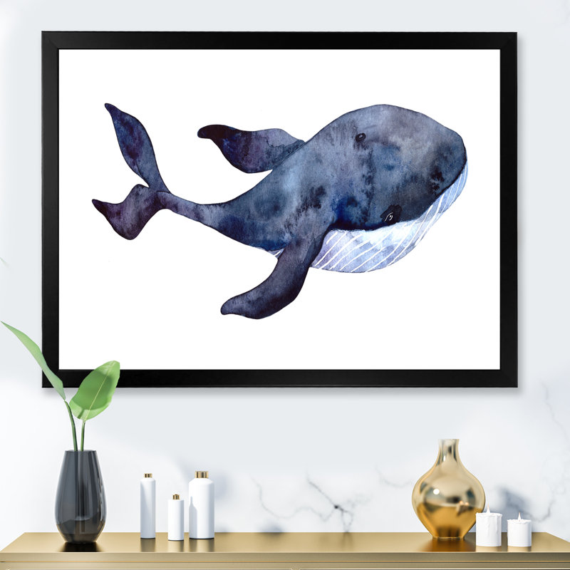 Baleine bleue sur blanc IV - reproduction d'art sur toile nautique et côtière, H 30 po x l 40 po x P 1,5 po, Cadre photo noir