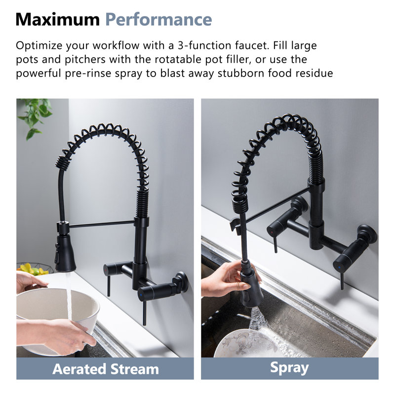 Solid Brass Wall Mount Kitchen Faucet, Wall Mounted Faucet 8 Inches Center Kitchen Sink Faucet with Sprayer, Matte Black