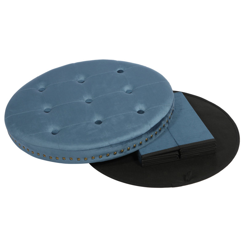 Evony 58cm Wide Velvet Tufted Round Solid Colour Ottoman with Storage, Blue