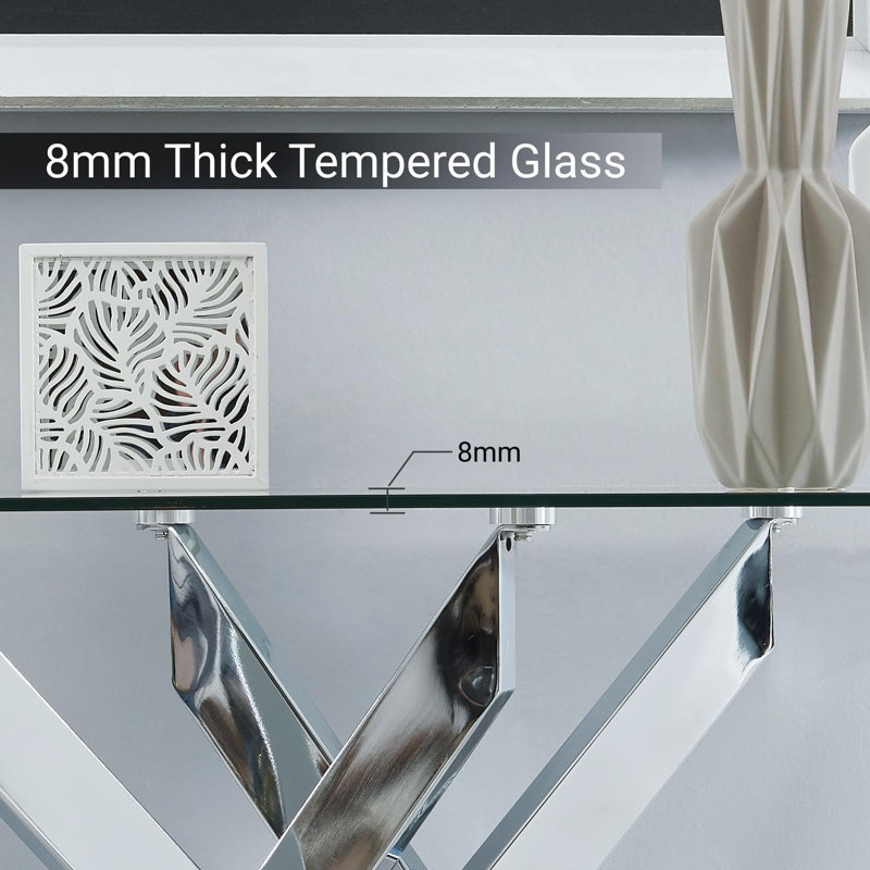 Silver Metal Console Table with Tempered Glass Top, 45"