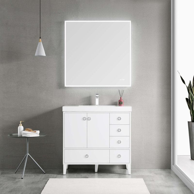 Ensemble de meuble-lavabo simple 36 po avec miroir Jez, Blanc mat