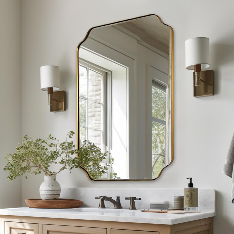 Modern Scalloped Corner Rectangle Bathroom Vanity Mirror | Stainless Steel Frame, Brushed Gold, 36" x 24"