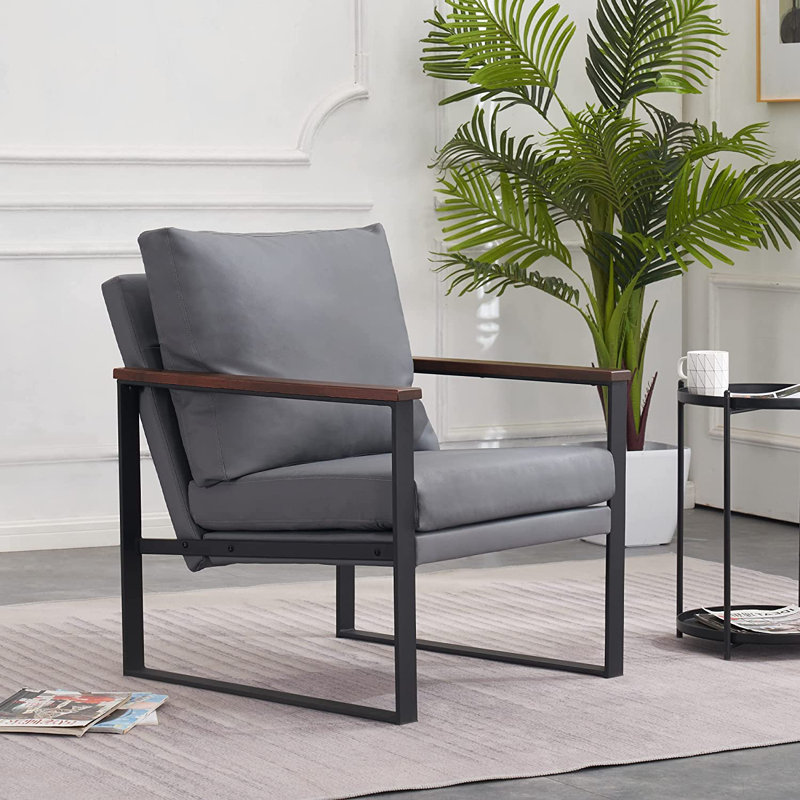 Modern Accent Chairs, Faux Leather Upholstered  Armchairs, Waiting Room Guest Chair, Gray Faux Leather