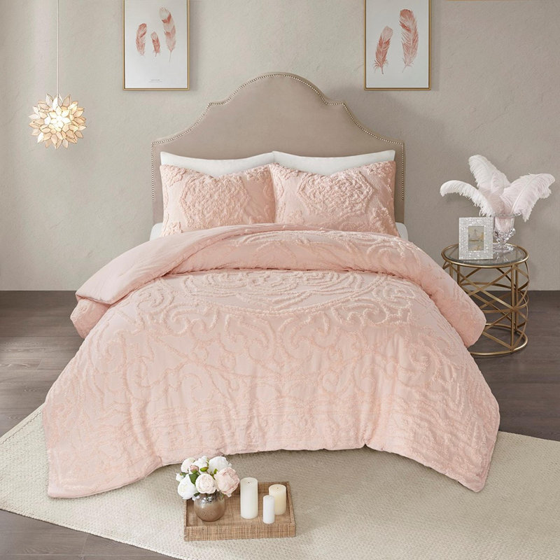 Ensemble d'édredon en chenille de coton touffeté 2 pièces, Rosé, Édredon très grand et 2 taies décoratives stand