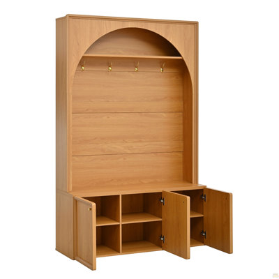 Farmhouse All-in-One Hall Tree with Adjustable Shelves, Retro Arched Entryway Storage Bench with 3 Cabinets, Wooden Coat Rack Organizer with 4 Golden Hooks for Mudroom, Hallway, Natural/Teak