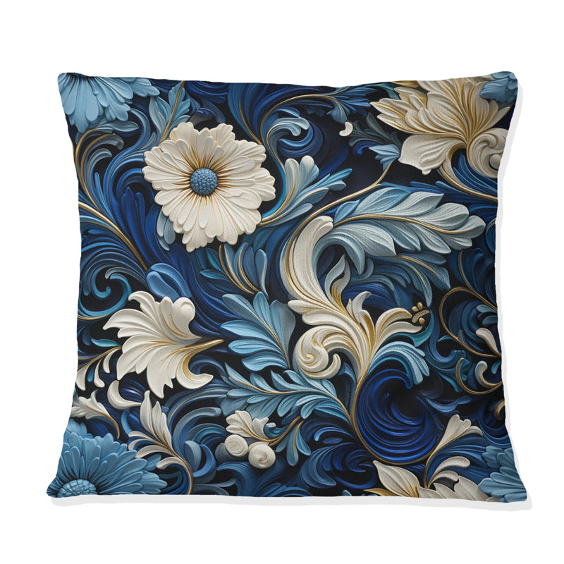 Motif victorien à volutes bleues - motif floral imprimé, H 18 po x l 18 po
