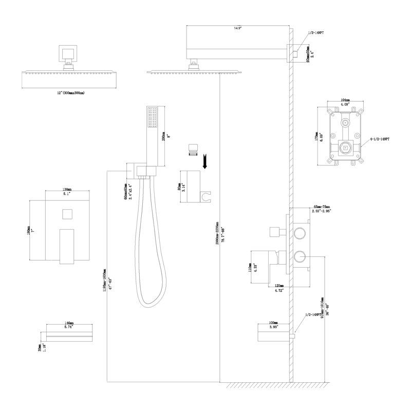 Complete Shower System with Rough in-Valve, Matte Black