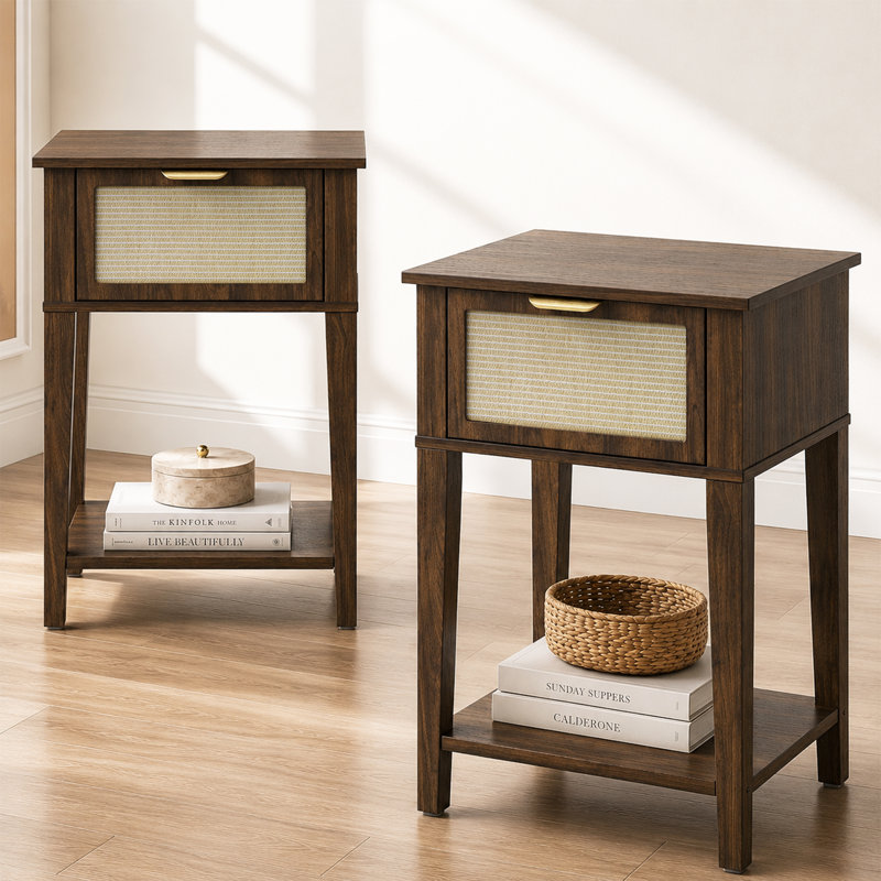 Ensemble de 2 tables de chevet Henriqueta en rotin tressé avec tiroir et tablette ouverte, Noyer