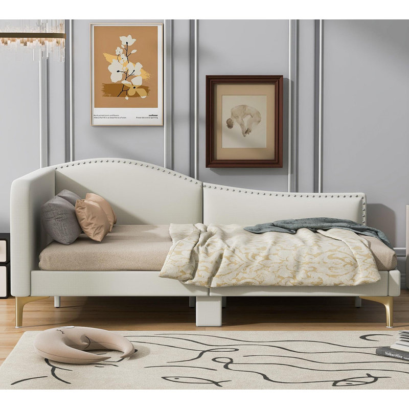Full - Size Upholstered Daybed with Headboard & Armrest – Sturdy Support Legs, Modern Comfort, Beige