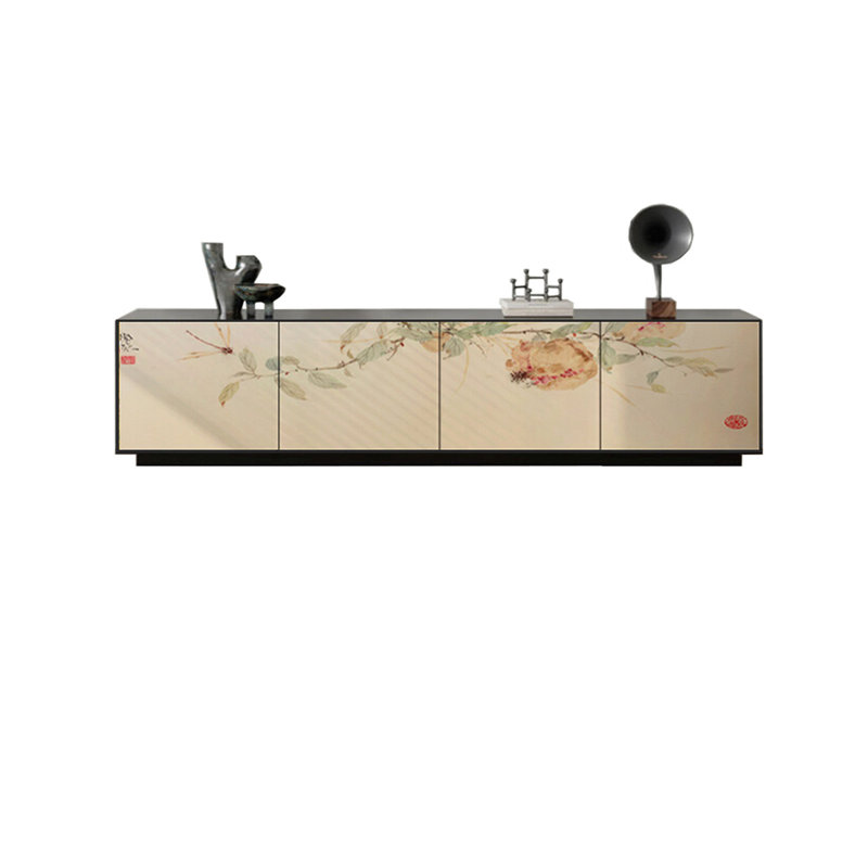Meuble télé en pin avec 4 armoires spacieuses, Noir / Beige, 70.86"