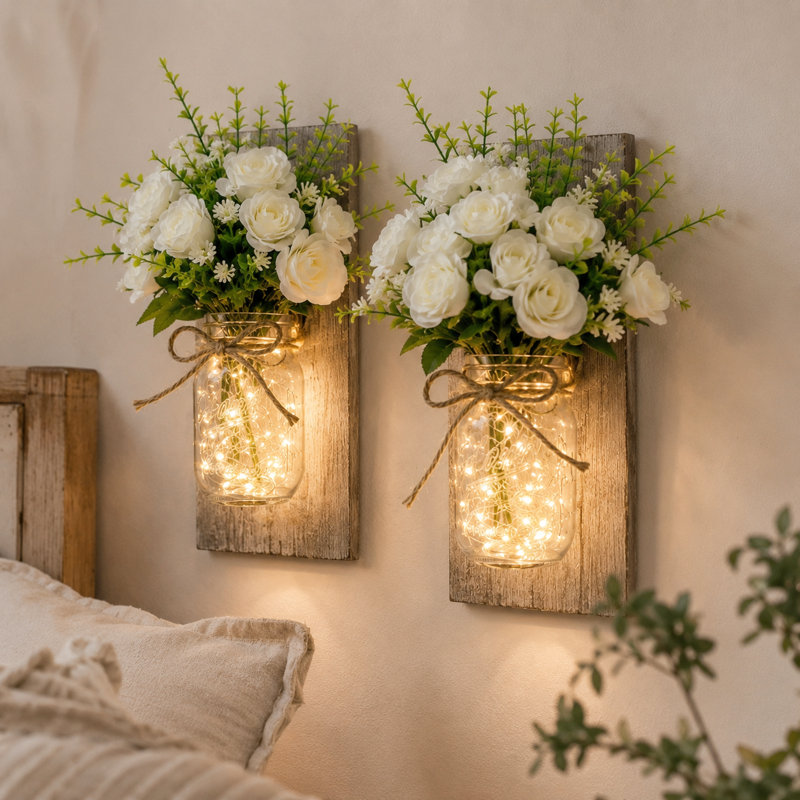 2-Pack Wall Sconces with Rustic Wood Boards, Mason Jars, Led Lights, Remote Control, Gray
