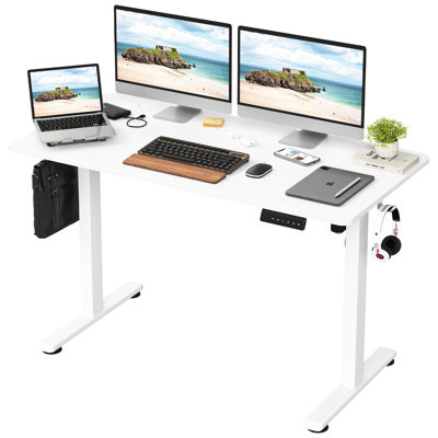 Bureau électrique debout avec hauteur réglable pour le travail sur ordinateur de bureau, 40 po x 24 po, ton de bois blanc, forme rectangulaire, base en forme de T, métal et fabrication, réglage manuel, conception ergonomique,