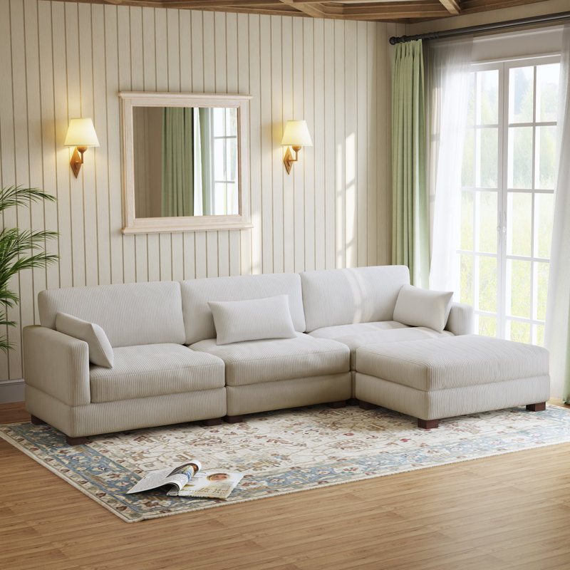 Maelina 4 - Piece Upholstered Sea Salt Grey Corduroy Modular Sectional Sofa with Pillow Back and Removable Ottoman