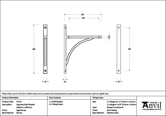 Apperley Shelf Bracket, 26cm H x 7.9cm W x 2cm D, Aged Bronze