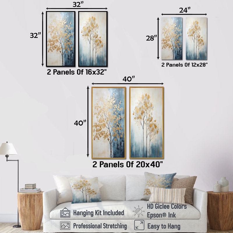 Or et bleu arbres harmonieux - ensemble d'art mural sur toile Trees of 2, H 28 po x l 25 po, Cadre flottant noir