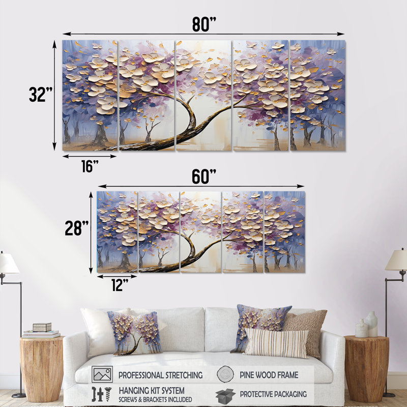 «Tree Blossoming With White Flowers I», ensemble de 5 décorations murales florales, H 32 po x l 80 po