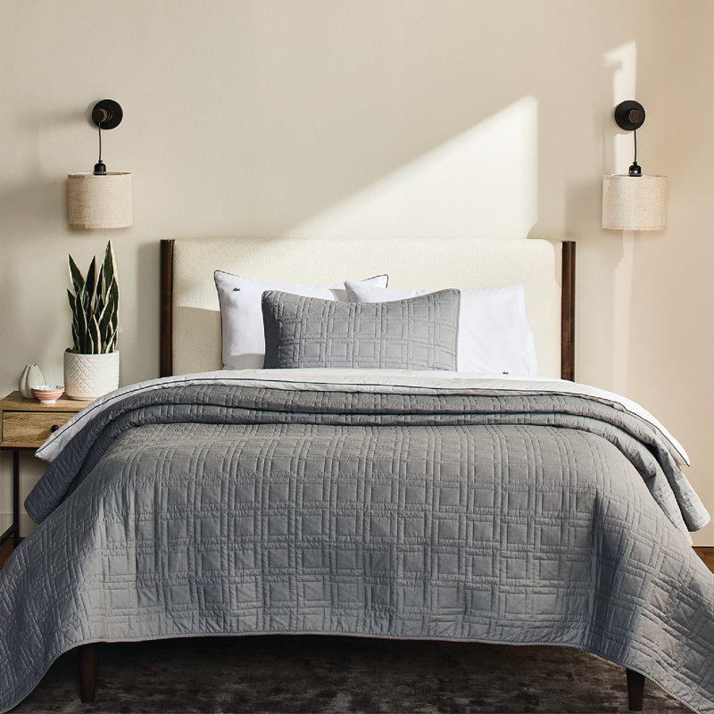 Ensemble de courtepointe 100% coton Lacoste Logo, Gris, Courtepointe pour lit simple + 1 taie décorative 