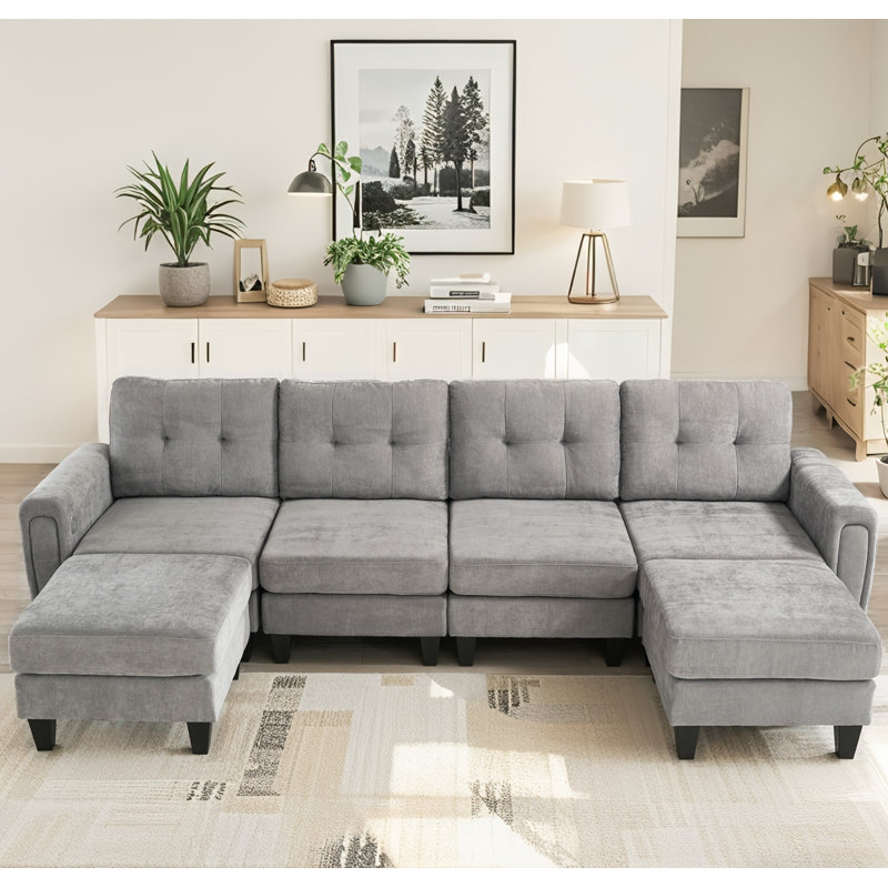 Modular Sectional Sofa, Dual Movable Ottomans & USB Ports, Gray