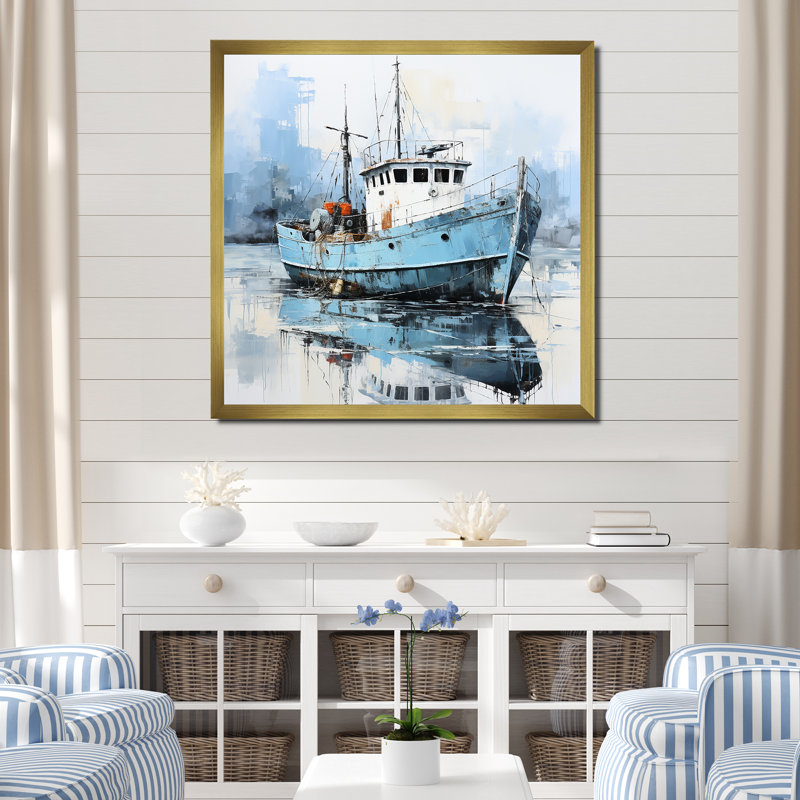 Bateau de pêche bleu et blanc III sur toile, H 16 po x l 16 po x P 1 po, Encadrement doré