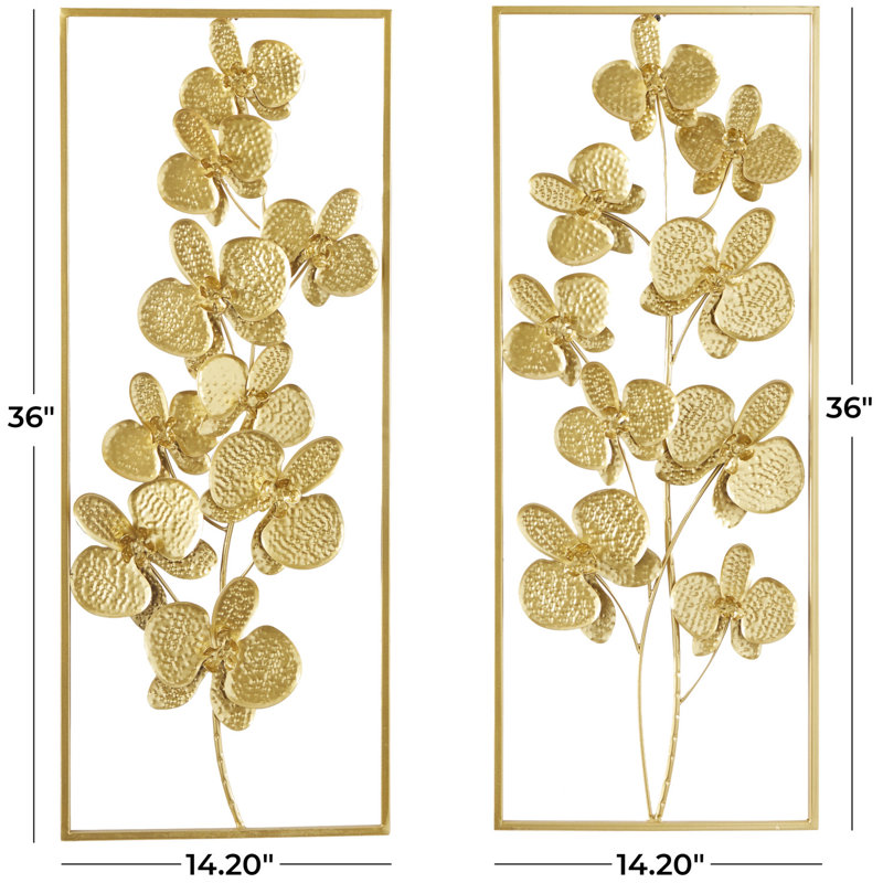 Metal Orchid Floral Gold Wall Decor with Gold Frame Set