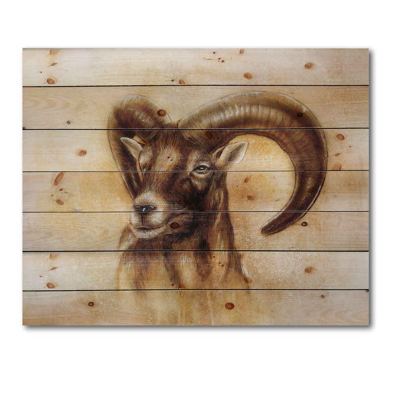 Portrait d'un bélier sauvage avec de puissantes cornes I - impression moderne sur bois de pin naturel