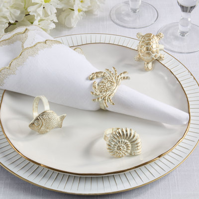 Coastal Nautical Metal Napkin Rings, Set of 4 - Ivory Assorted Sea Life Napkin Holders