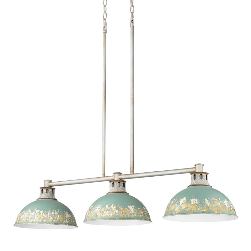 Kinsley 3-Light Linear Pendant In Aged Galvanized Steel With Antique, Antique Teal