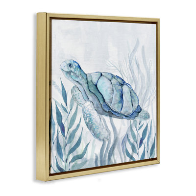 Tortue de mer avec cadre flottant au sourire subtil, design par Janet Tava