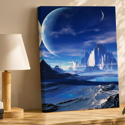 Canvas A Breathtaking Alien Landscape Featuring Towering Snow Capped Mountains Under Wall Art A Vast Starry Sky A Massive Luminous Canvas Wall Art
