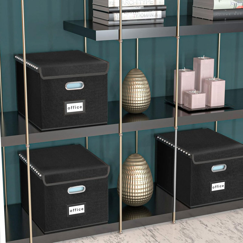 Large Linen Hanging Office Document Storage Box with Lid - Black, Collapsible Filing & Storage Boxes