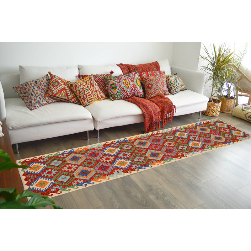 Tapis rouge / bleu / brun en laine tissé à la main à motif géométrique 2 pi 6 po x 13 pi 3 po Delton