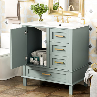 Meuble-lavabo de 30 po: armoire avec 3 tiroirs, fonction de fermeture en douceur, lavabo en céramique, comptoir blanc, tiroirs spacieux avec cadre en bois massif et 1 porte à fermeture, bois, assemblage facile pour la mise à niveau