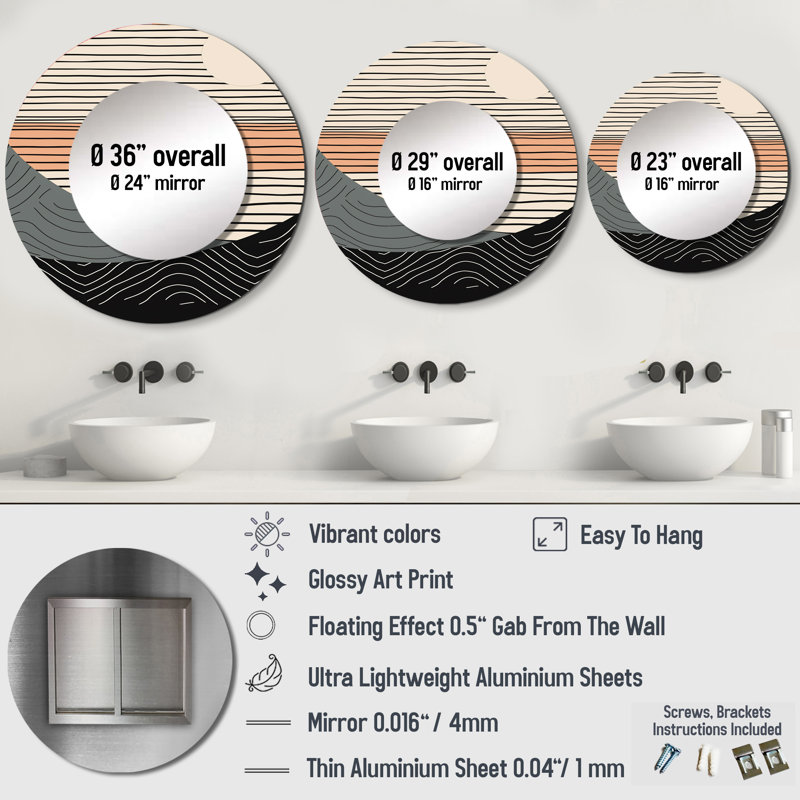 Britton Simple Horizon III - grand miroir mural formes abstraites, miroir rond pêche unique, impression sur métal