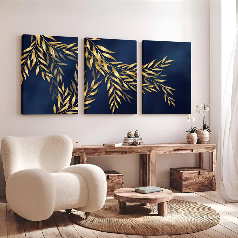 Ensemble de 3 tableaux muraux sur toile bleu marine, motif de feuilles dorées, pour salon, chambre à coucher et décoration intérieure.
