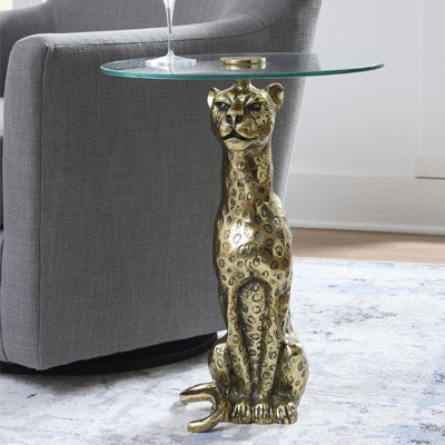 Table d'appoint industrielle en verre avec base sculpturale léopard - Fabrication en métal et en verre
