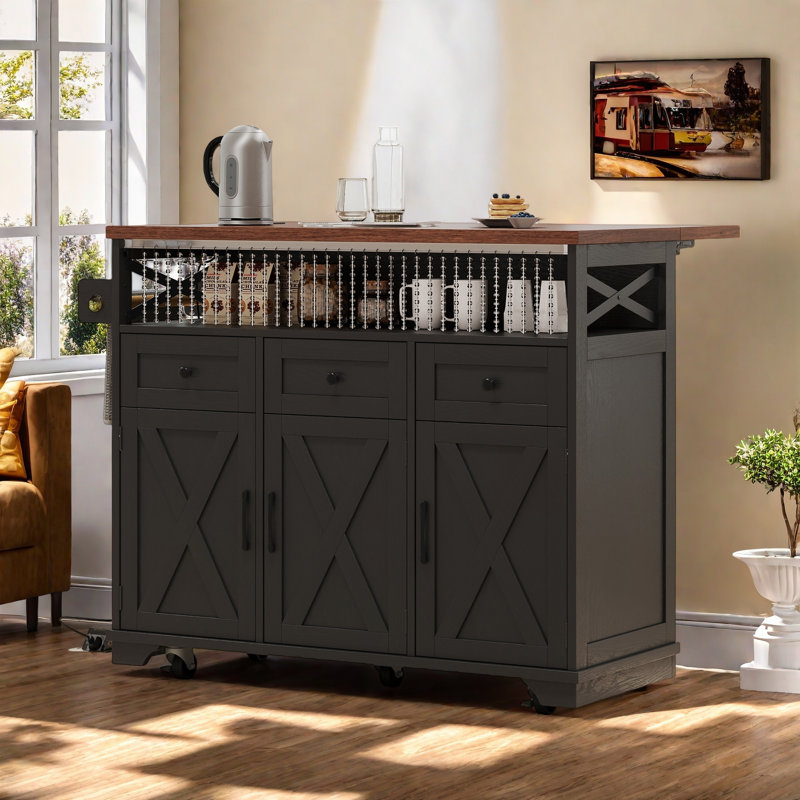 Farmhouse Rolling Kitchen Island With Drape Of Beads, Power Outlet, Drop Leaf, 3 Doors, 3 Drawers And Internal Iron Shelf