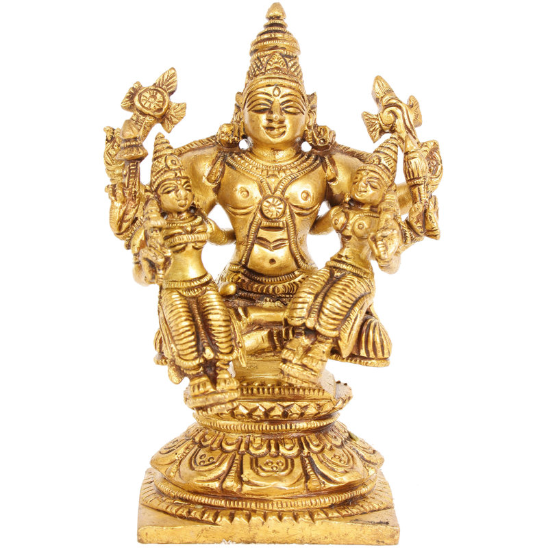 Ensemble de statue en laiton de 4 pouces Vishnu avec Shridevi & Bhudevi