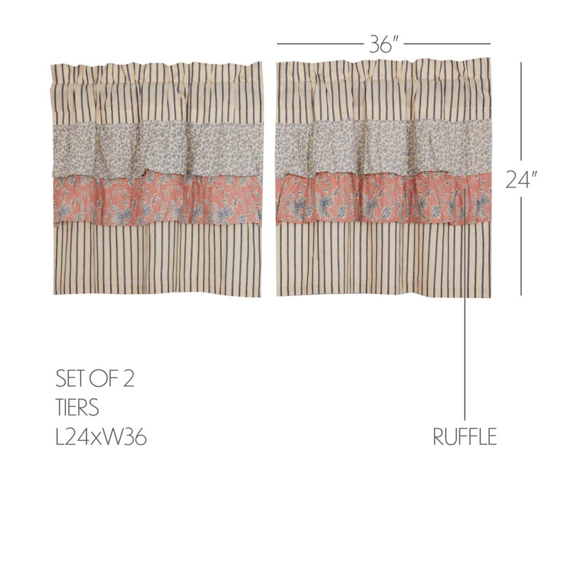 Rideau de café en coton Charla, Bleu marine / crème / vieux rose, l 36 po x L 24 po