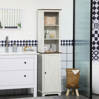 Armoire de rangement mince pour salle de bain avec trois tablettes ouvertes, tour à linge autoportante en bois avec porte et tablette réglable
