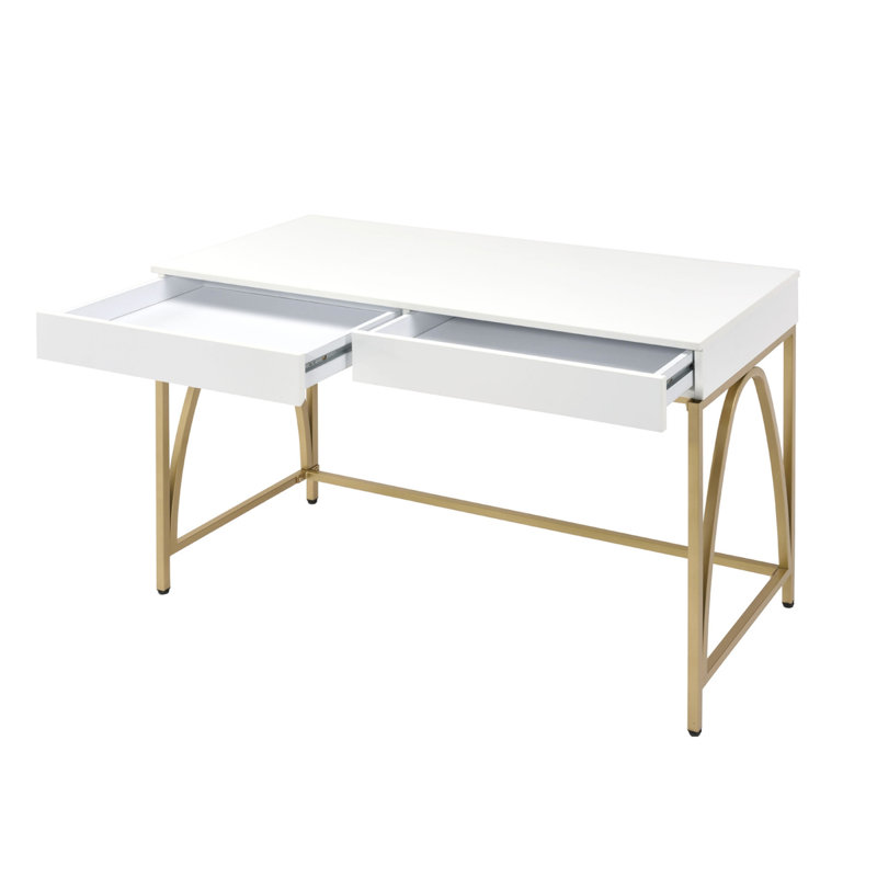 Bureau 2 tiroirs avec base à tréteaux en métal, blanc brillant et doré