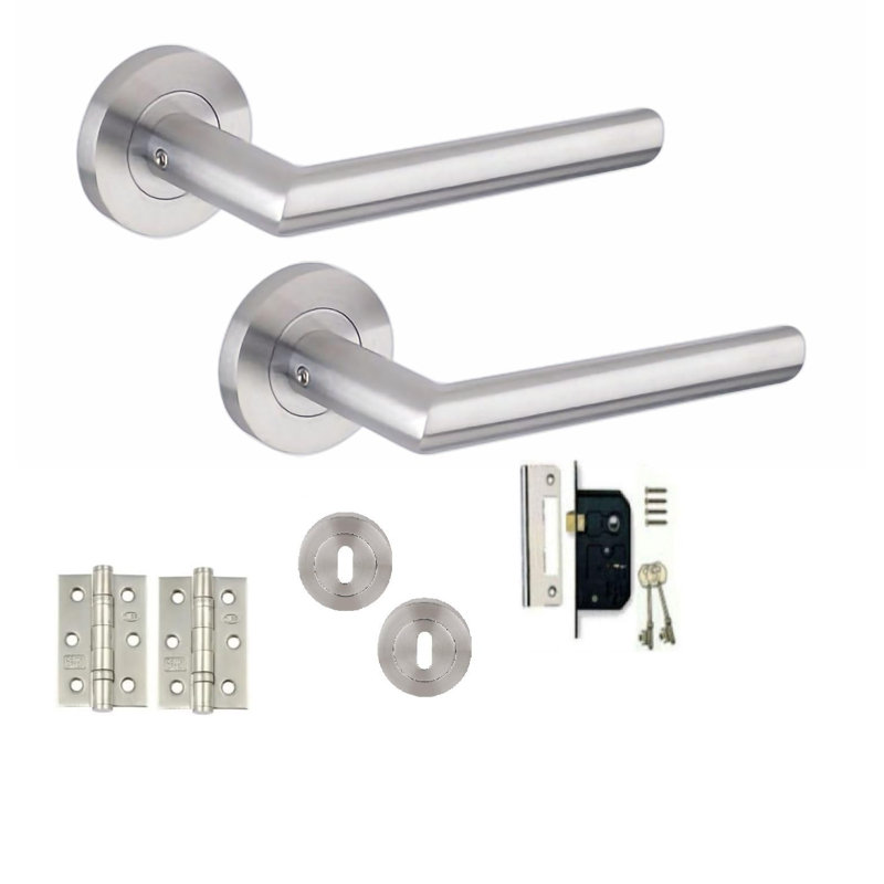  Mitred Design Door Handles Set on Round Rose in Satin Nickel Finish with 64mm 3 Lever Mortise Lock, 3" Ball Bearing Hinges and Key Hole