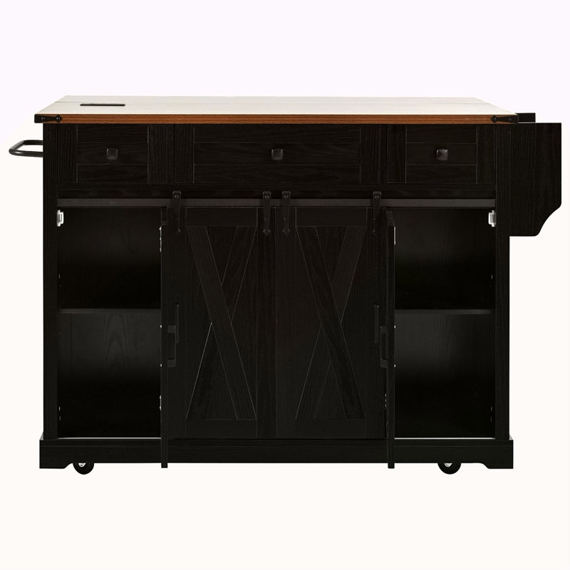 58" Farmhouse Kitchen Island With Storage, Sliding Barn Door & Metal Grid Side Door, Rolling Kitchen Island On 5 Wheels With Spice Rack, Glass Holders,Island Table With Drop Leaf For Kitchen