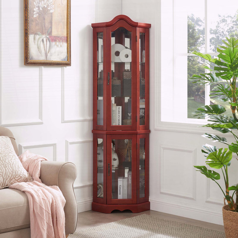 Lighted Corner Curio Cabinet with Tempered Glass Doors & Shelves, Cherry