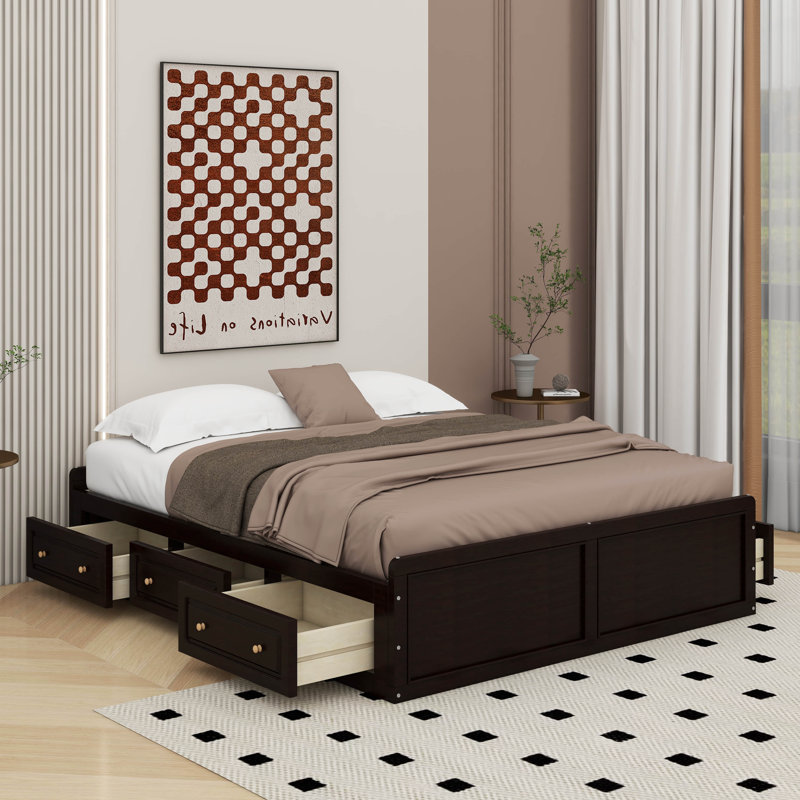 Structure de lit plateforme grand avec 6 tiroirs, Espresso