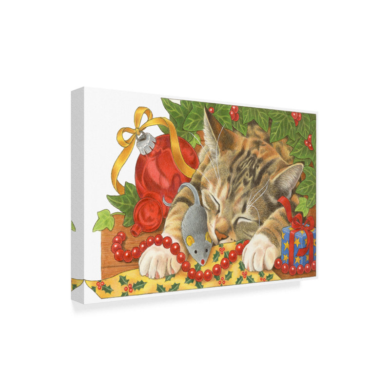Christmas Cat Sleeping Under Tree Canvas Art, 19"x12"